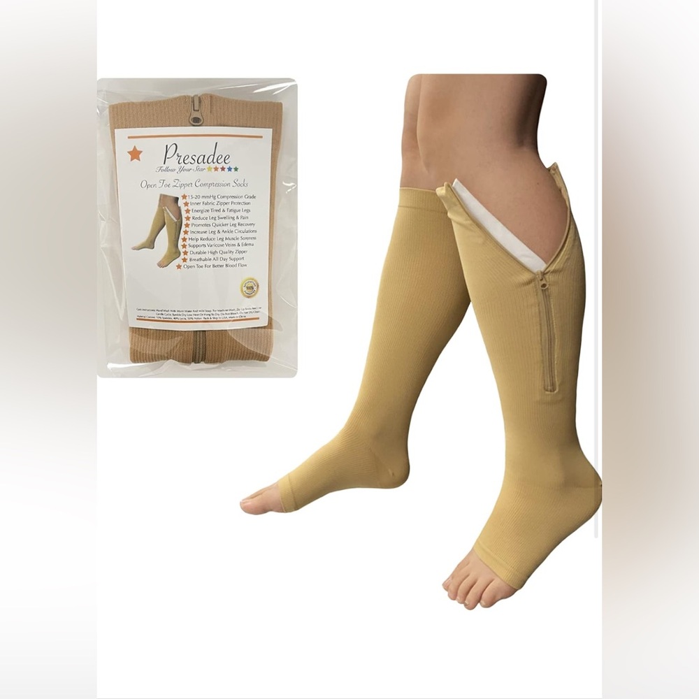 Open Toe 15-20 mmHg Moderate Compression Leg Calf Swelling Zipper Socks L/XL Tan